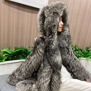 Womens Faux Fur Mid Length Hooded Coat